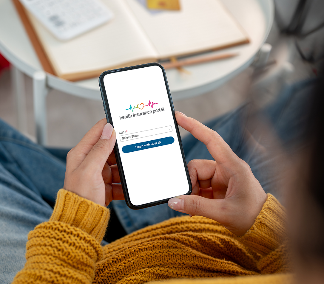 Woman going to Health Insurance Mobile app on cell phone